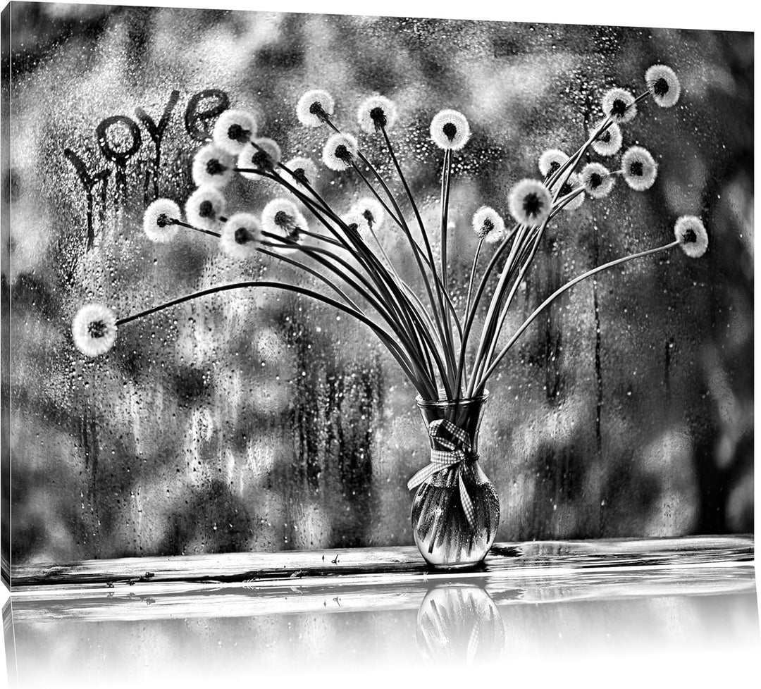 Pixxprint Monocrome, Pusteblumen am verregneten Fenster, Format: 100x70 auf Leinwand, 100x70