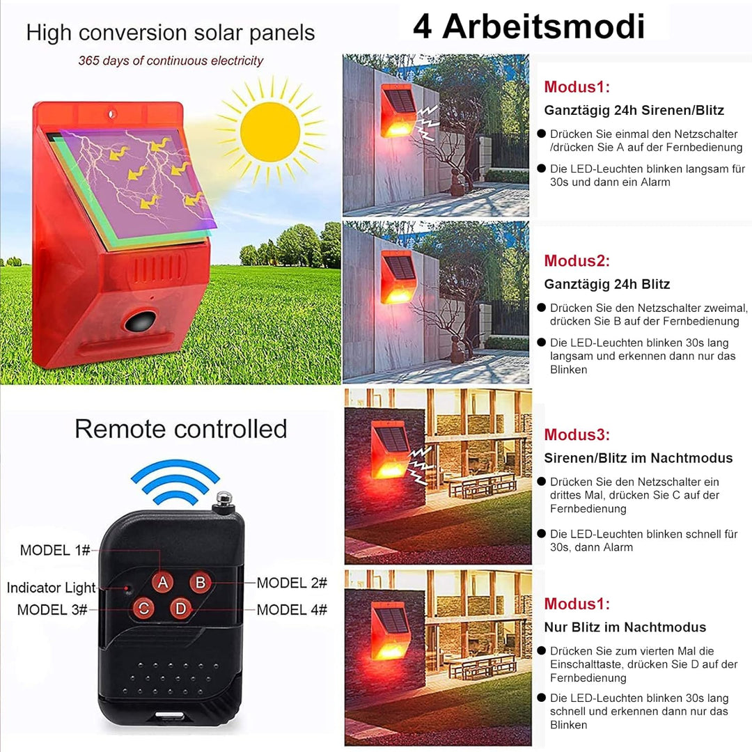 Solar Alarmanlage Blitz Hell mit Fernbedienung Bewegungsmelder Draussen Alarm Hell 129db Ton Sicherh