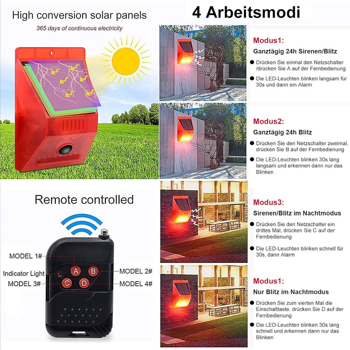 Solar Alarmanlage Blitz Hell mit Fernbedienung Bewegungsmelder Draussen Alarm Hell 129db Ton Sicherh