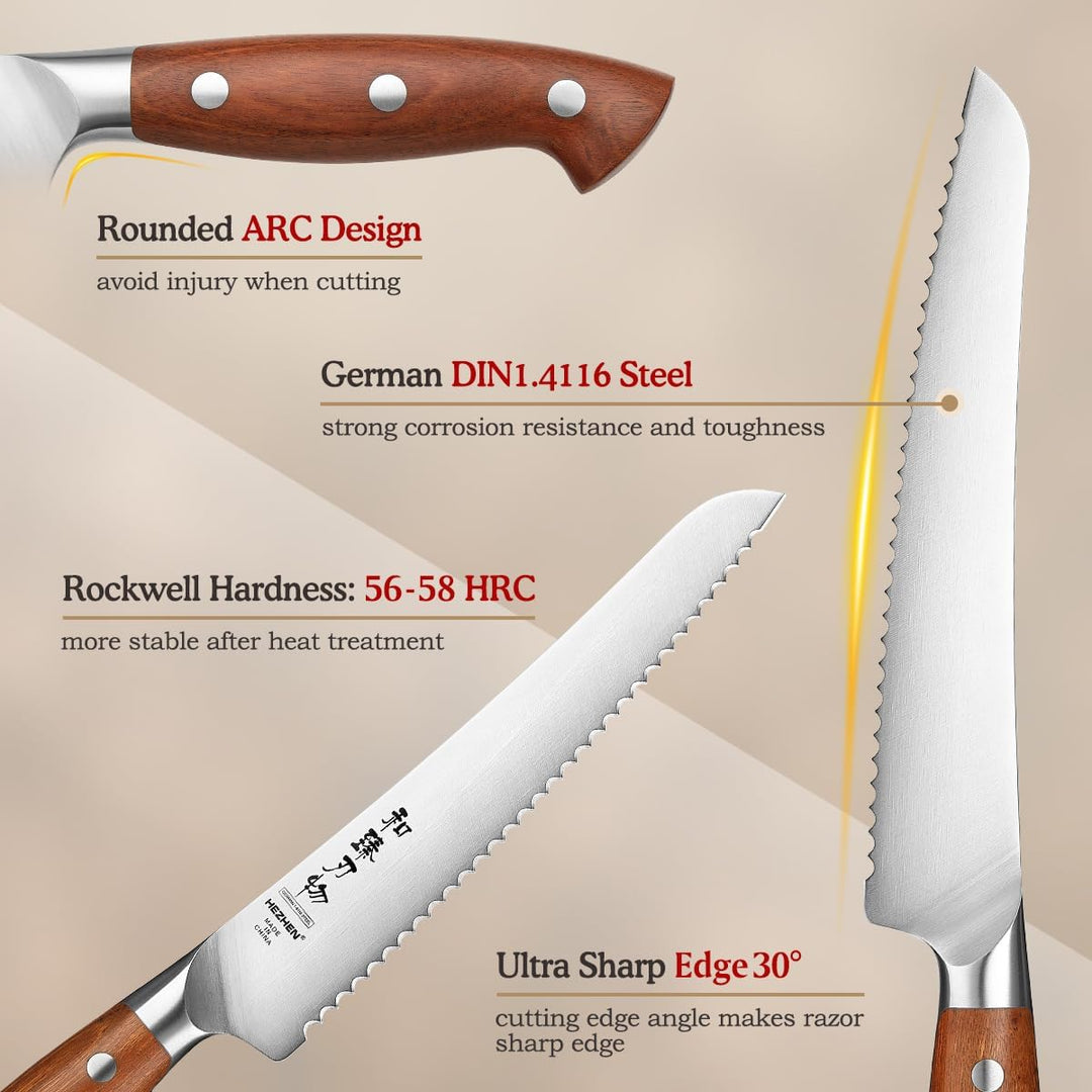 HEZHEN 21,5 cm Gezahntes Brotmesser, Rostfreier Stahl Wellenschlif Kuchenmesser, Gezackte Klinge Säg
