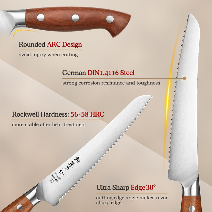 HEZHEN 21,5 cm Gezahntes Brotmesser, Rostfreier Stahl Wellenschlif Kuchenmesser, Gezackte Klinge Säg