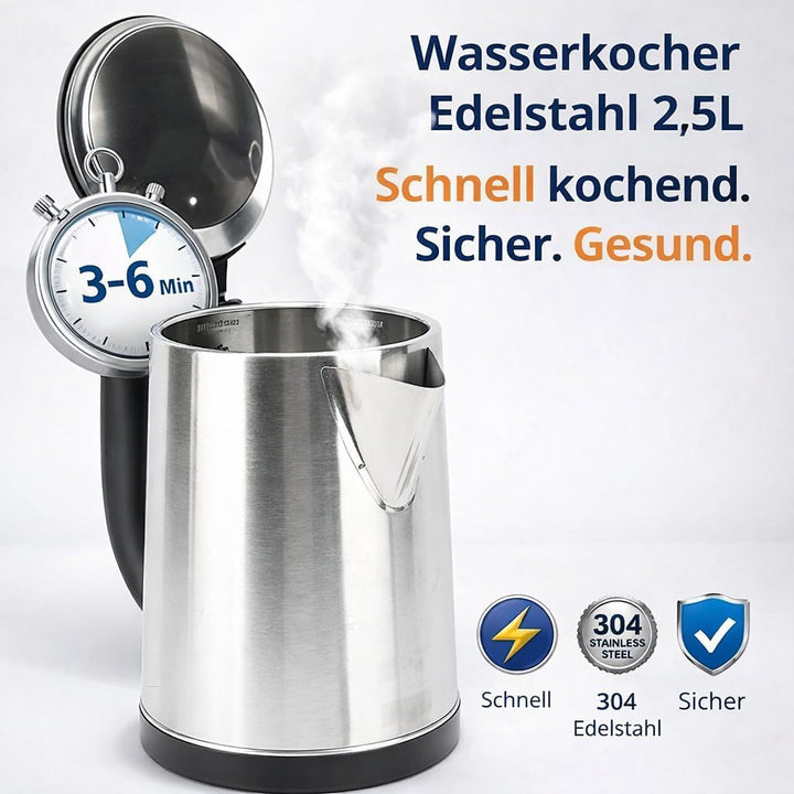 Wasserkocher Edelstahl 2,5 L Walfront mit Trockenlaufschutz und schnell kochend für Tee und Kaffee f