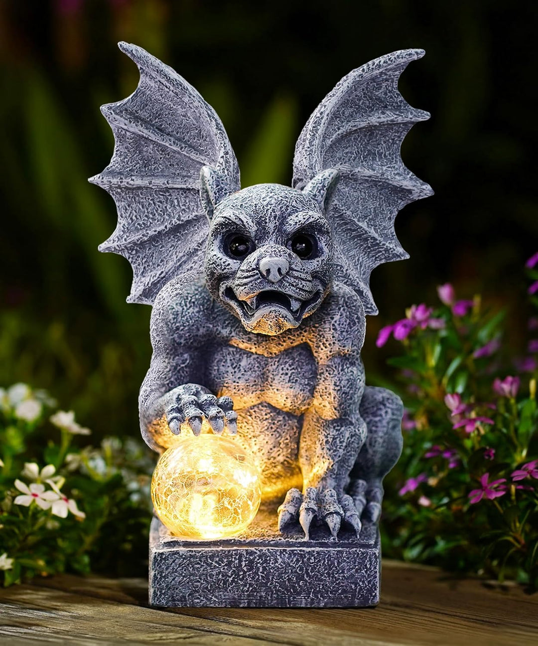 Solar Gargoyle Figuren Gartendeko mit LED-Licht - Steinfiguren mit Solarlampe Glasball Garten Wetter