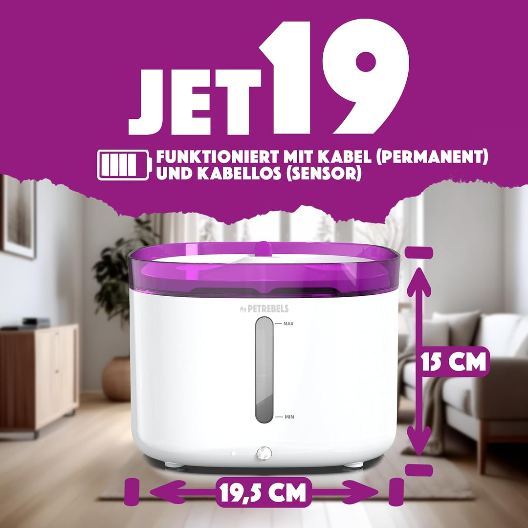 Petrebels Trinkbrunnen für Katze, Jet 19 Katzenbrunnen, Kabellos, mit Bewegungssensor, mit LED, Ultr