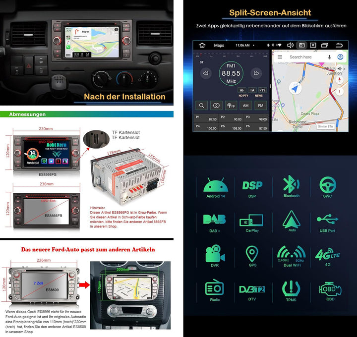 Erisin Android 14 8-Kern 4GB+64GB Autoradio GPS Navi für Ford Focus C/S-Max Galaxy Transit Mondeo Ku