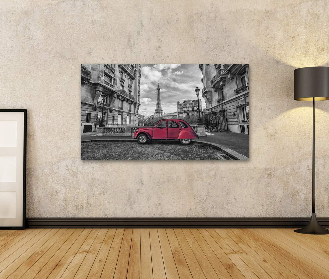Bild Bilder auf Leinwand Eiffelturm in Paris und roter Retrowagen in schwarz-weissem Farbschlüssel W