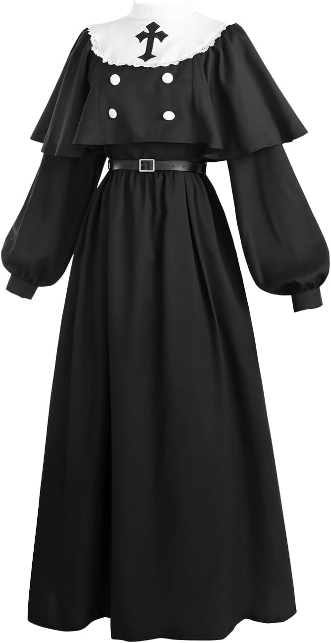 CR ROLECOS Nonnen Kostüm Damen,Faschingskostüme Damen Nonne für Erwachsene Kleidung Gothic Retro Kle