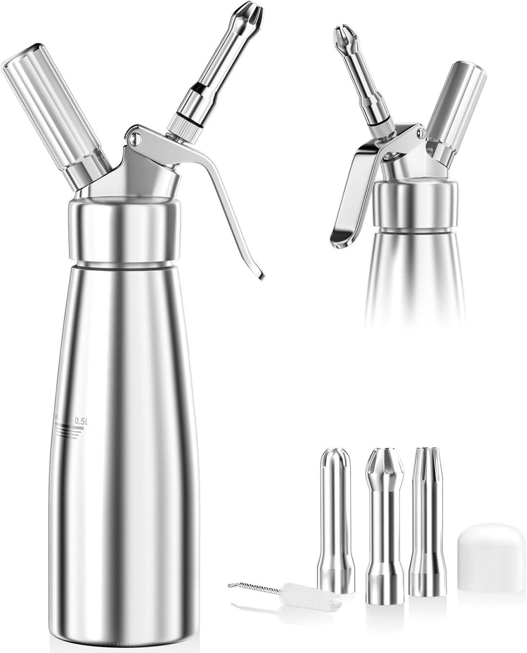 Newaner 500ml sahnespender, Sahnesyphon Aluminium mit 3 Edelstahl Deko-Düsen und 1 Reinigungbürste,