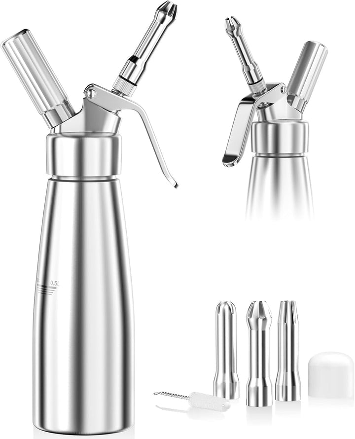 Newaner 500ml sahnespender, Sahnesyphon Aluminium mit 3 Edelstahl Deko-Düsen und 1 Reinigungbürste,