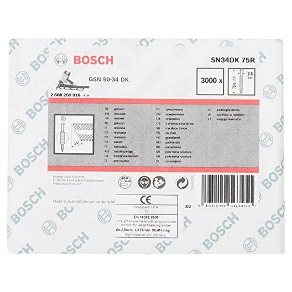 Bosch Professional 2608200016 Nagel D-Kopf Nagel 34°, blank, geringt; SN34DK 75R 75Rx2,8xmm,x75xmm,