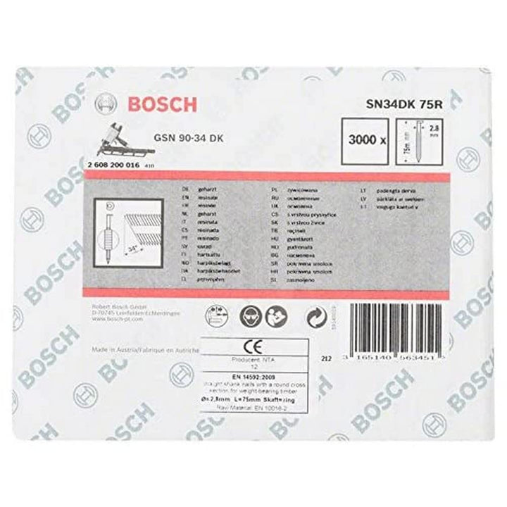 Bosch Professional 2608200016 Nagel D-Kopf Nagel 34°, blank, geringt; SN34DK 75R 75Rx2,8xmm,x75xmm,