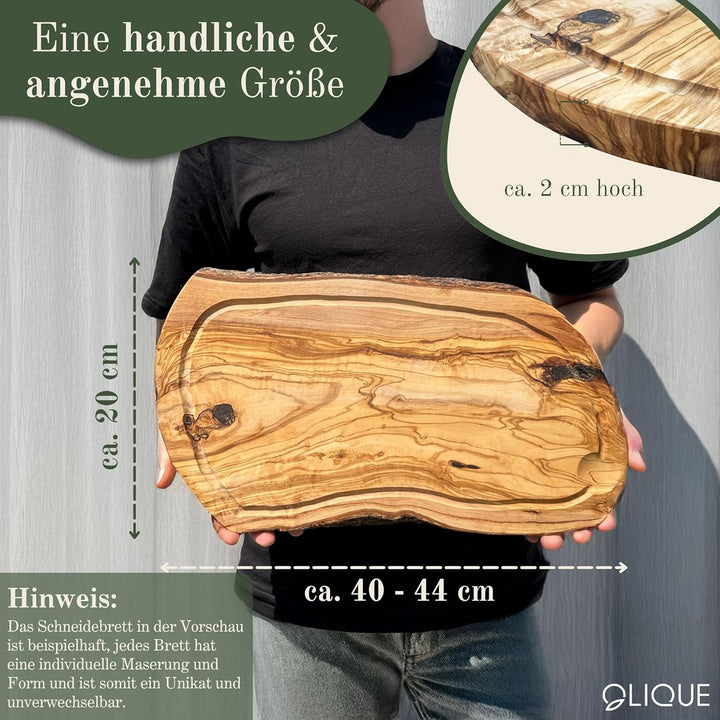 Schneidebrett personalisiert, Olivenholz - Rustikales Holzbrett mit Gravur und umlaufender Saftrille