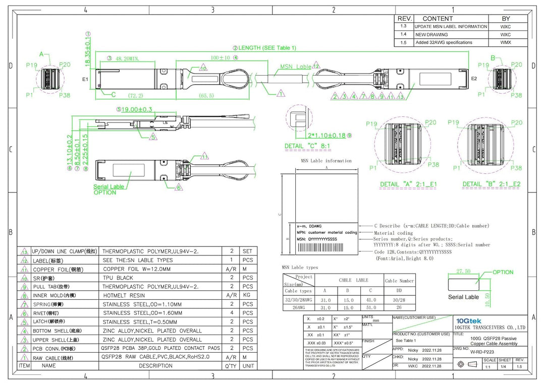 10Gtek 100Gb/s QSFP28 DAC Cable - 100GBASE-CR4 ETH 100GbE Passive Direct Attach Copper Cable for Int