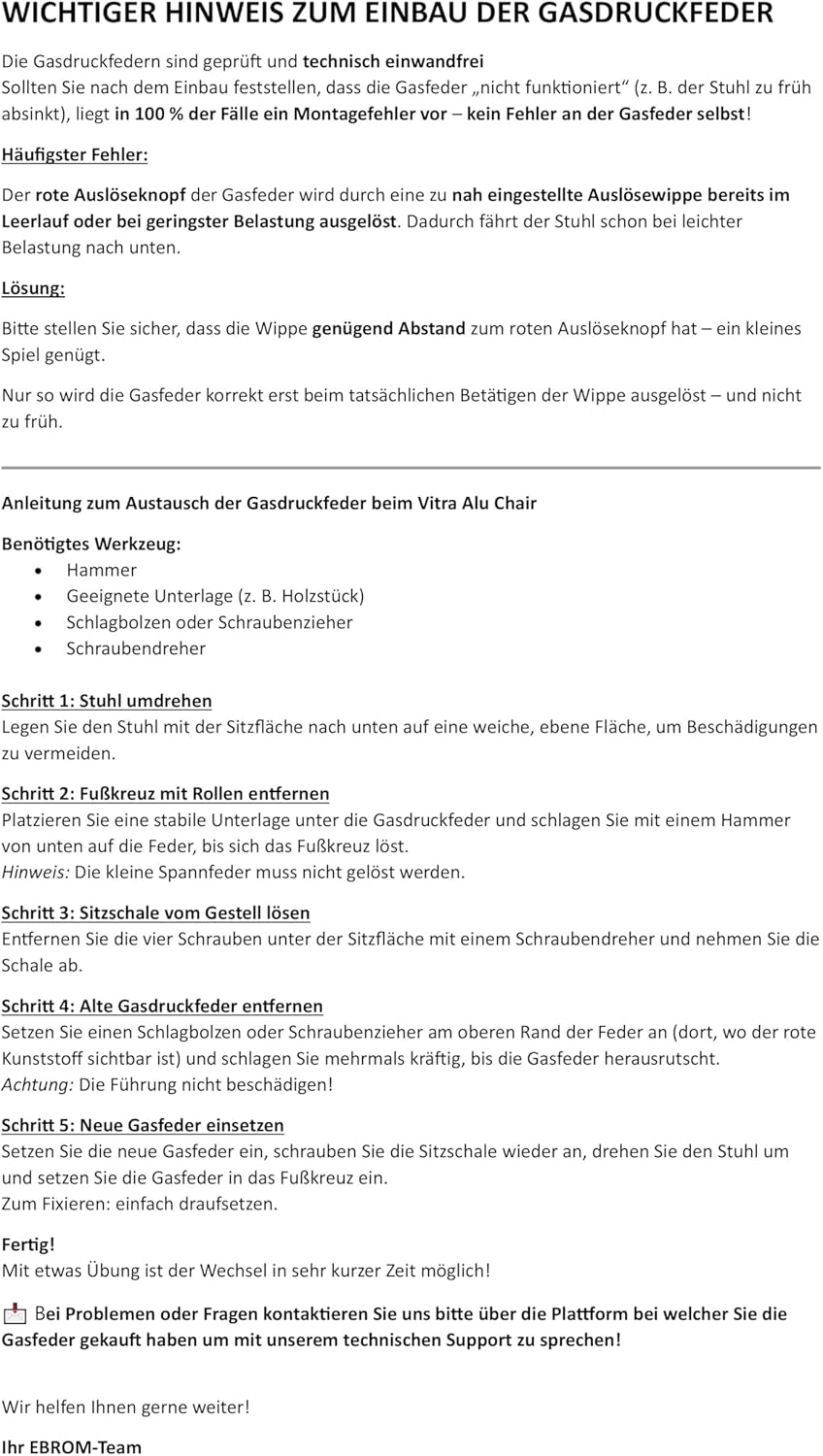 Stabilus Gasfeder Höhengasfeder Gasdruckfeder STAB O BLOC passt zu Vitra Alu Chair Modelle EA 117 11