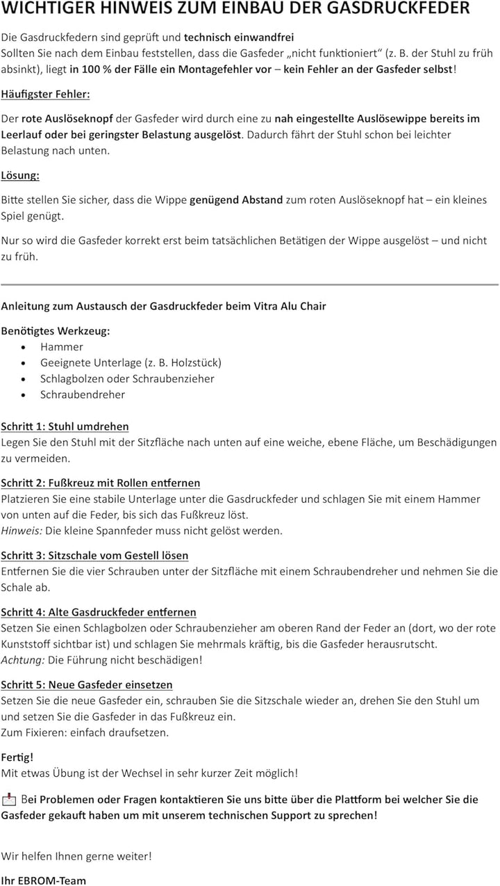 Stabilus Gasfeder Höhengasfeder Gasdruckfeder STAB O BLOC passt zu Vitra Alu Chair Modelle EA 117 11