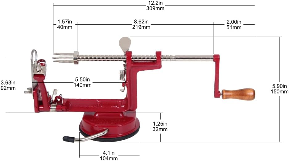 Johnny Apple Peeler VKP Brands Apfelschäler, Gusseisen, rot, Stainless Steel Blades Saugfuss, Saugfu