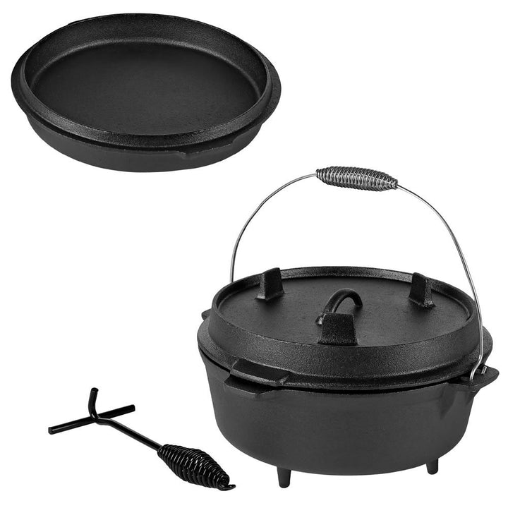 Melko BBQ Dutch Oven mit Deckel und Deckelheber aus Gusseisen, Topf zum Grillen, Braten, Garen, Back