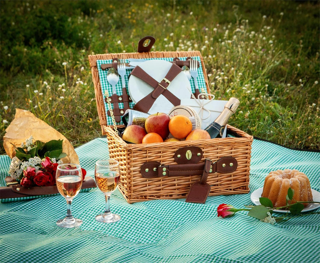 eGenuss Handgefertigtes Picknickkorb für 2 Personen mit Kühlfach, Multifunktionsmesser, Edelstahlbes