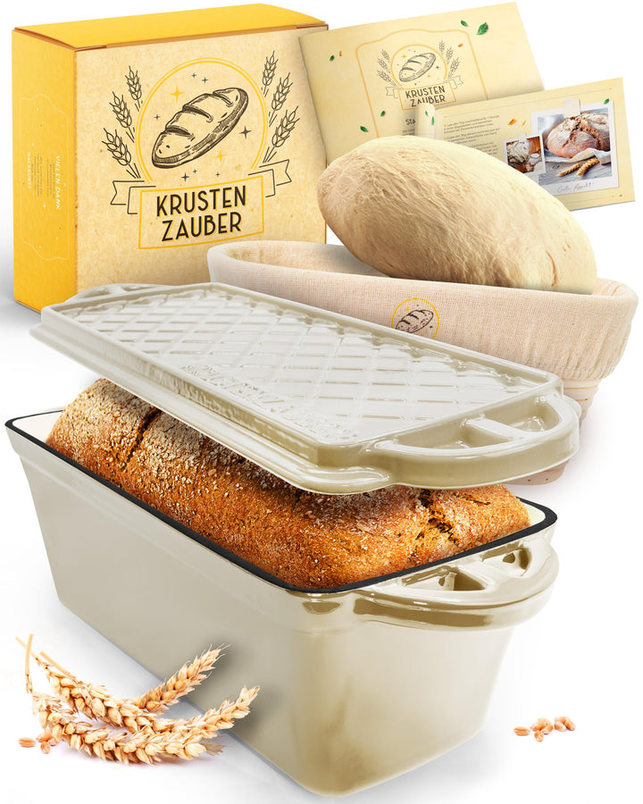KRUSTENZAUBER Emaille Brotbackfrom mit Deckel inkl. Gärkorb - Robuste 28cm Backform aus Gusseisen -