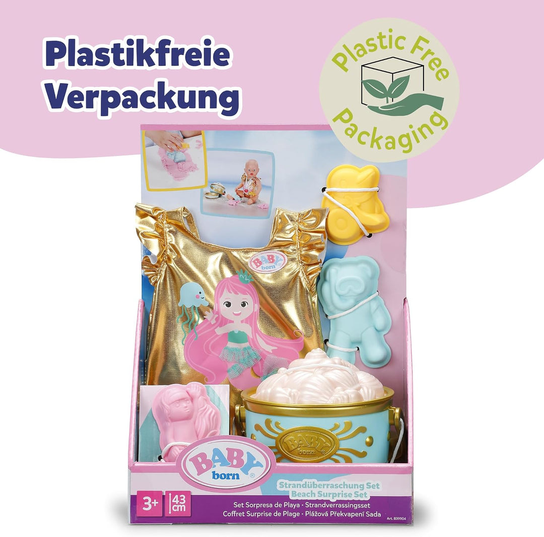 Baby Born Strandüberraschung Set mit Badeanzug im Meerjungfrauen-Print, Sandförmchen, formbarem Sand