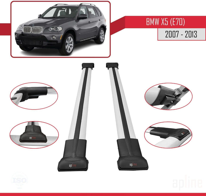 Apline Kompatibel mit BMW X5 (E70) 2006-2013 Relingträger Fly Modell Dachträger Gepackträger GRAU