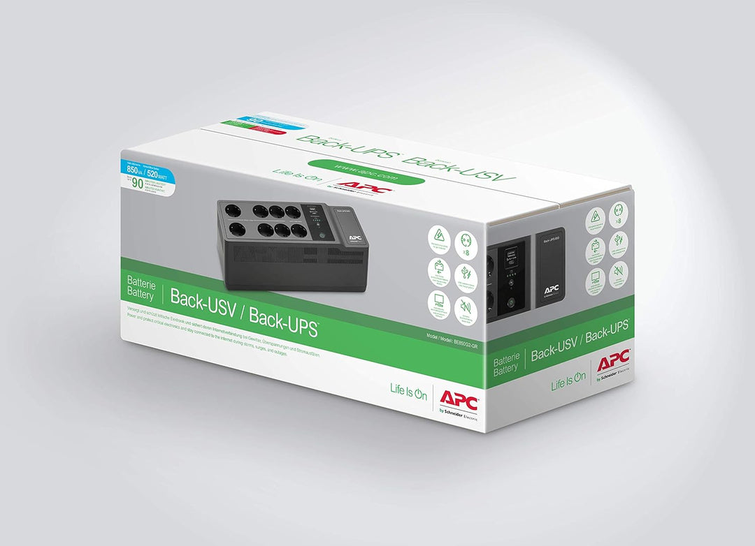 APC by Schneider Electric Back-UPS ES - BE850G2-SP 650VA mit 8 Schuko-Steckdosen und USB A und C Lad
