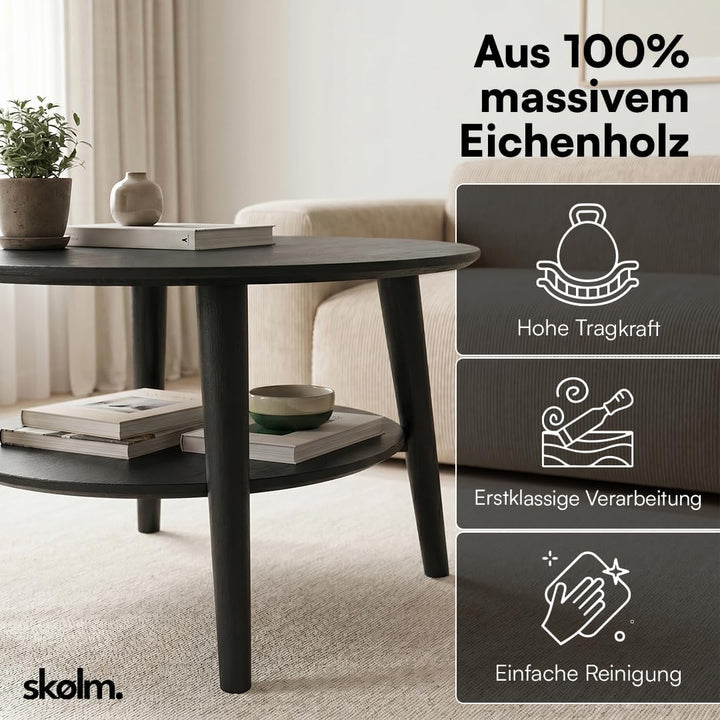 skølm Mjölnir Couchtisch rund Ø70 cm – Wohnzimmertisch aus Eiche Massivholz – Sofatisch mit 2 Ablage