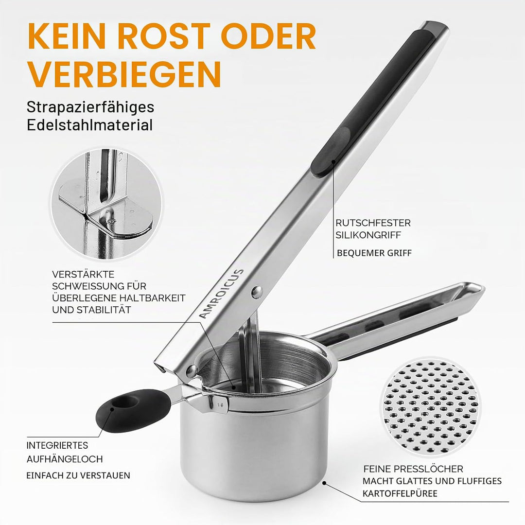 Kartoffelpresse aus Edelstahl 450 ml, robuster Kartoffelstampfer mit Feste Scheibe, Küchenhelfer für