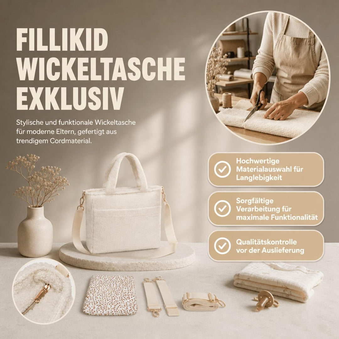 Fillikid Wickeltasche Teddy Big Exklusiv | Stilvolle Wickeltasche aus weichem Teddy-Material | Mit g