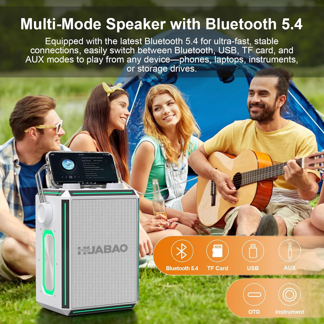 Tragbarer Bluetooth-Karaoke-Lautsprecher mit 2 kabellosen Mikrofonen, RGB-Beleuchtung, Höhen- und Ba