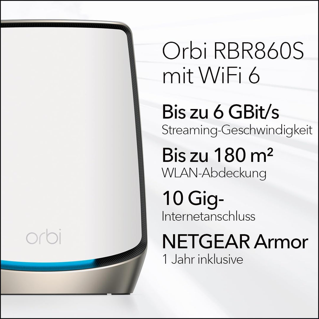 NETGEAR Orbi Tri-Band WiFi 6-Router (RBR860S), Abdeckung von bis zu 180 m², 100 Geräte, kostenlose A