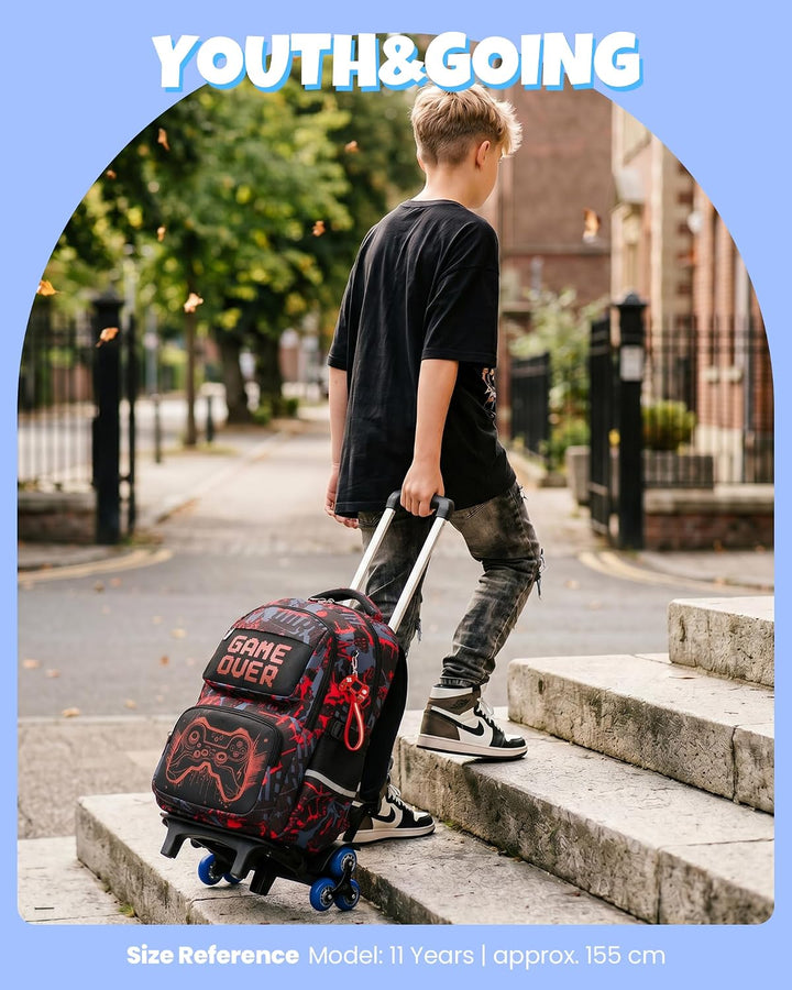 Amythe Schulrucksack mit Rollen für Jungen, Grosser Leuchtstoff Trolley-Rucksack mit 6 Räder, Wasser