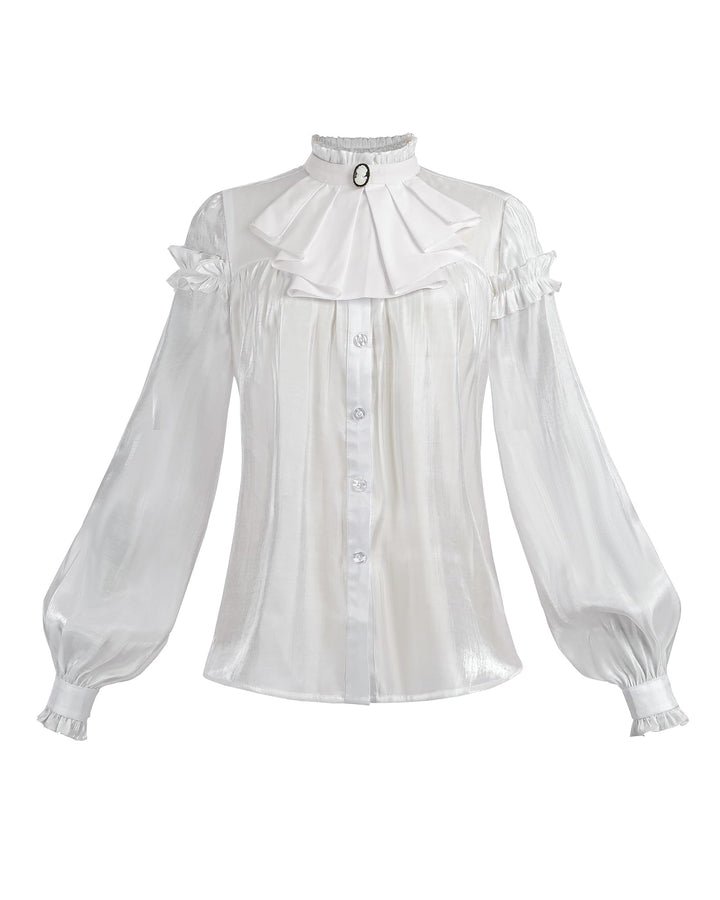 Damen Viktorianisch Bluse Vintage Schleifenhemd Stehkragen mit Ruff Langarmshirt Mittelalter Bluse L