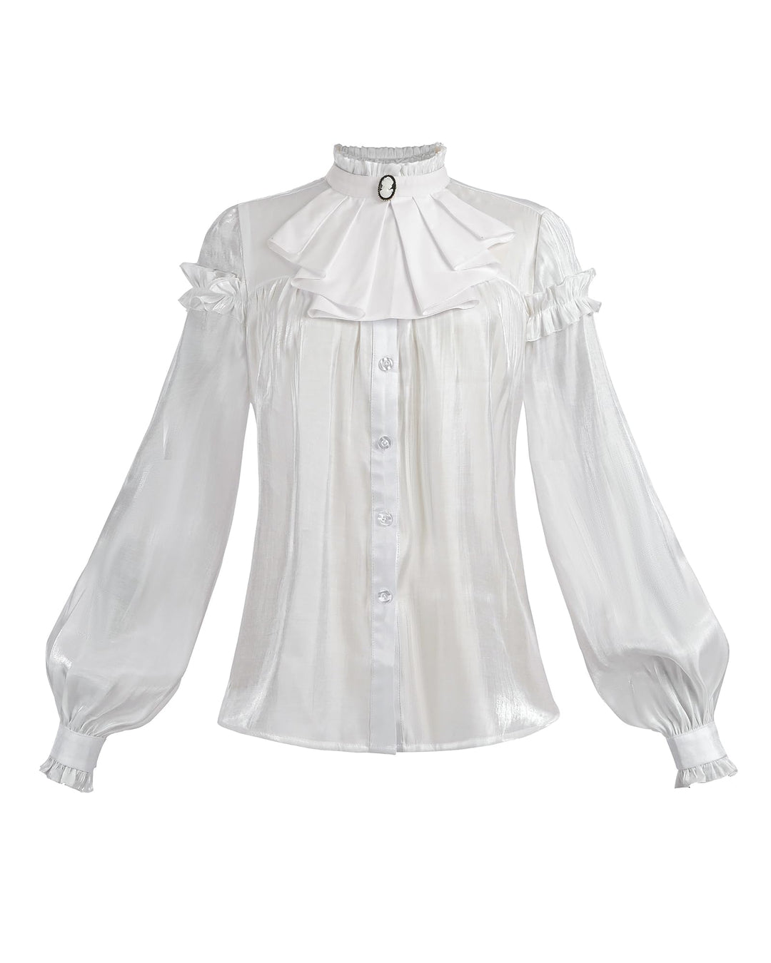 Damen Viktorianisch Bluse Vintage Schleifenhemd Stehkragen mit Ruff Langarmshirt Mittelalter Bluse M