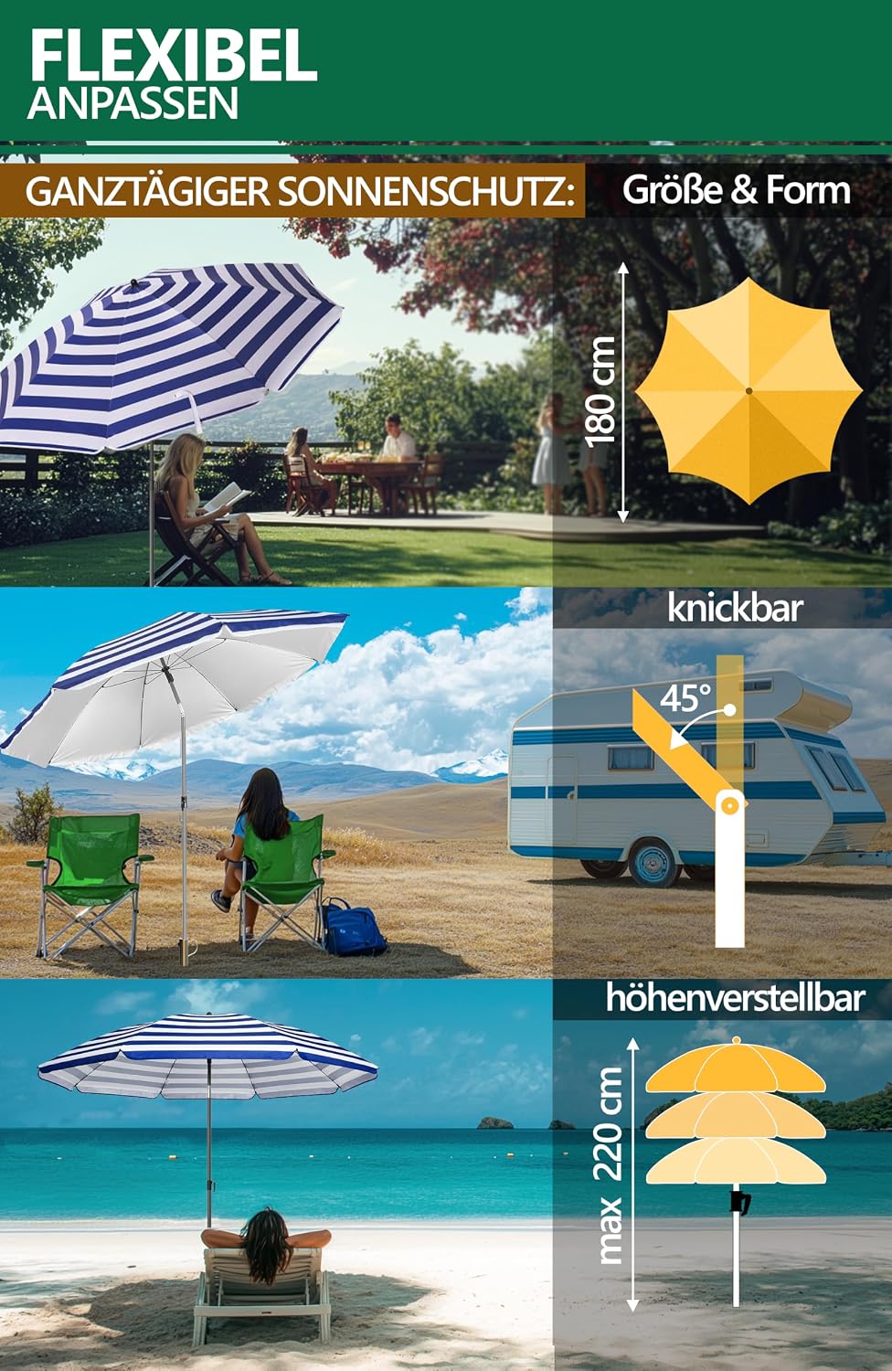 4smile Sonnenschirm Strand 3-IN-1 SET mit Rasendorn, Ø 180 cm, Blau-Weiss | Strandschirm windfest st