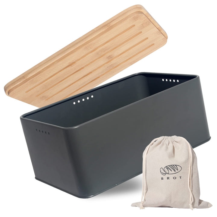 Theo&Cleo Brotkasten mit Schneidebrett , 33x21x15cm , Matte Brotbox mit Bambusdeckel und Leinen Brot