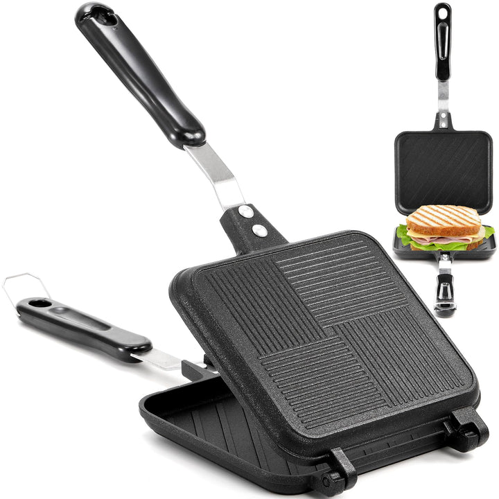 Elsjoy Aluminium Doppelseitige Bratpfanne, Toastpfanne mit Hitzebeständigem Griff, Antihaftbeschicht