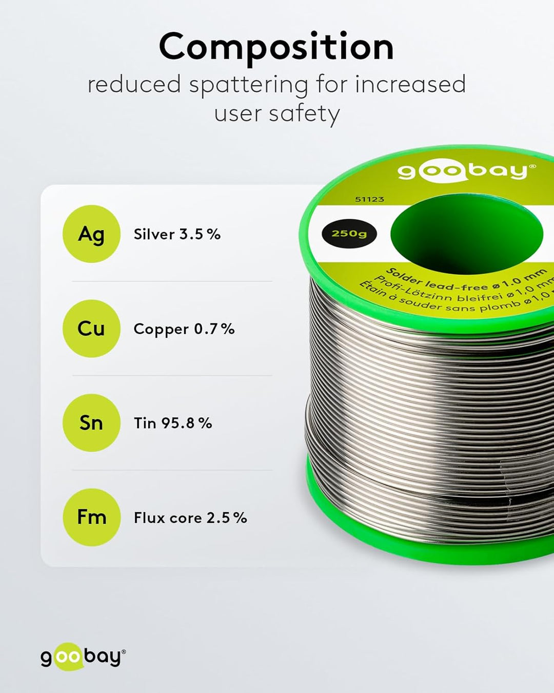 Goobay 51123 Lötzinn bleifrei ø 1mm Lötdraht mit Flussmittel, 3.5 % Silber & 0.7 % Kupfer, 217 °C Sc