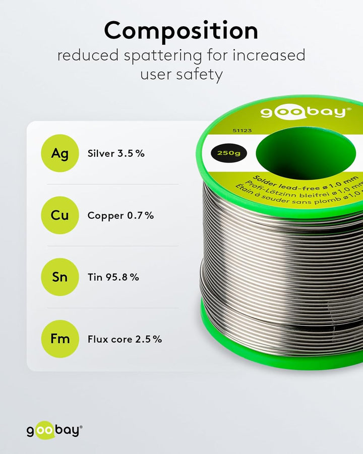 Goobay 51123 Lötzinn bleifrei ø 1mm Lötdraht mit Flussmittel, 3.5 % Silber & 0.7 % Kupfer, 217 °C Sc