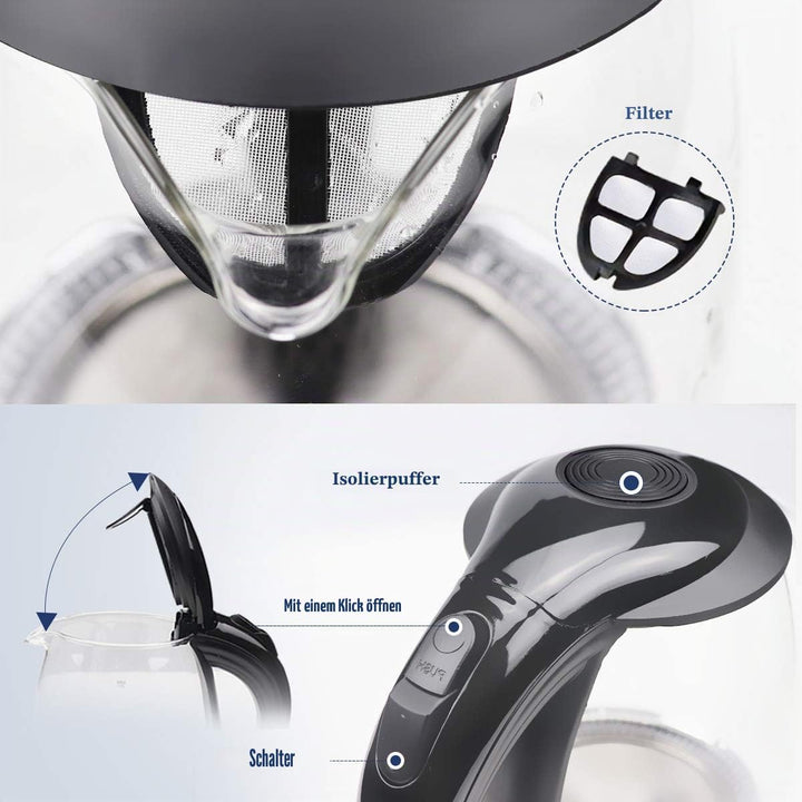 EXTRASTAR Elektrischer Wasserkocher aus Wasserglas mit blauem LED-Licht, bpa, automatischer Abschalt