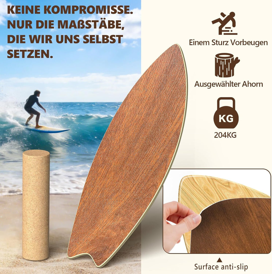 Balance Board Erwachsene aus Holz - Stabilitätstrainer mit rutschfester Oberfläche | inklusive Rolle