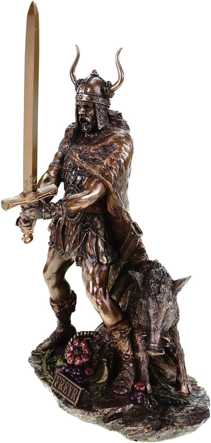 Unbekannt Frey germanischer Gott mit Eber bronziert 38 cm Freyr Freya Figur Odin Skulptur