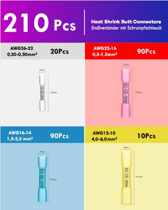 Stossverbinder, ANVINKU 210 Stück Quetschverbinder mit Schrumpfschlauch Set, 10-26 AWG Kabelverbinde