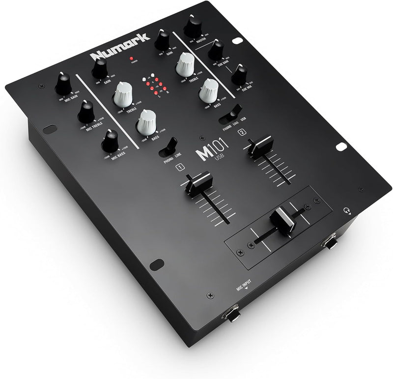 Numark M101USB - 2-Kanal DJ-Mixer, Rack-montierbar mit 2-Band EQ, integriertem Audio Interface, Mikr