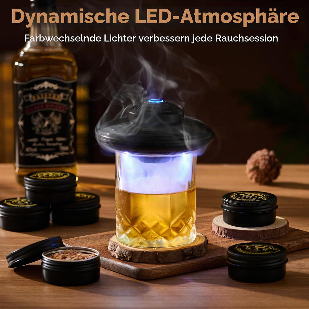 ComboJoy Elektrisches Whisky-Räucherkit mit LED, 6 Aromaholzspäne, Whisky-Glas &amp; Eisform, wiederaufl
