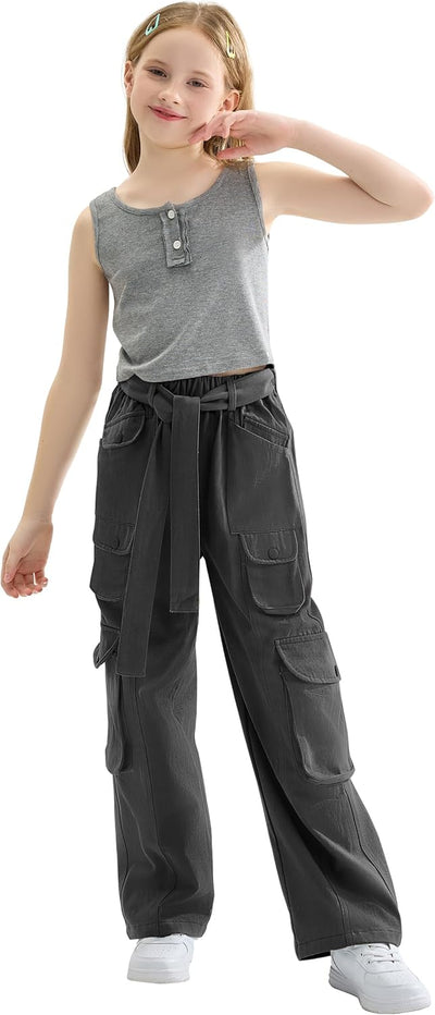 Rolanko Mädchen Baggy Cargo Hose, Elastisch Hohe Taille Gerade Weites Bein Streetwear Jeans mit Mehr