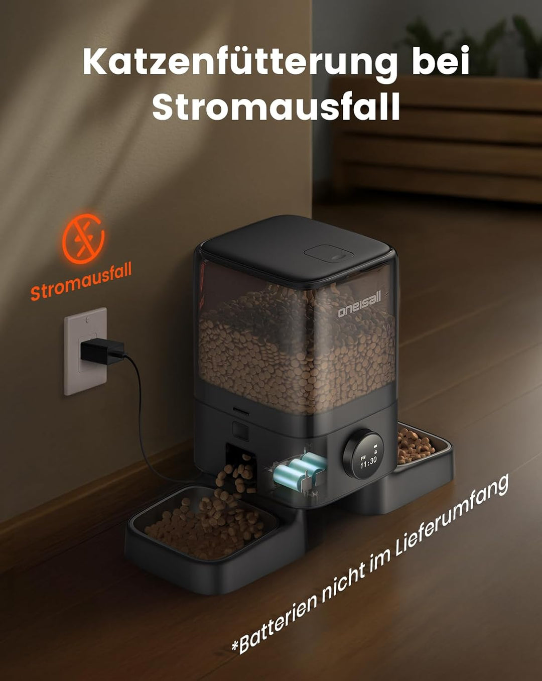 oneisall 5L Futterautomat Katzen 2 Näpfe, Katzenfutter Automat Kabellos mit 304 Edelstahlnapf, 1-6 M