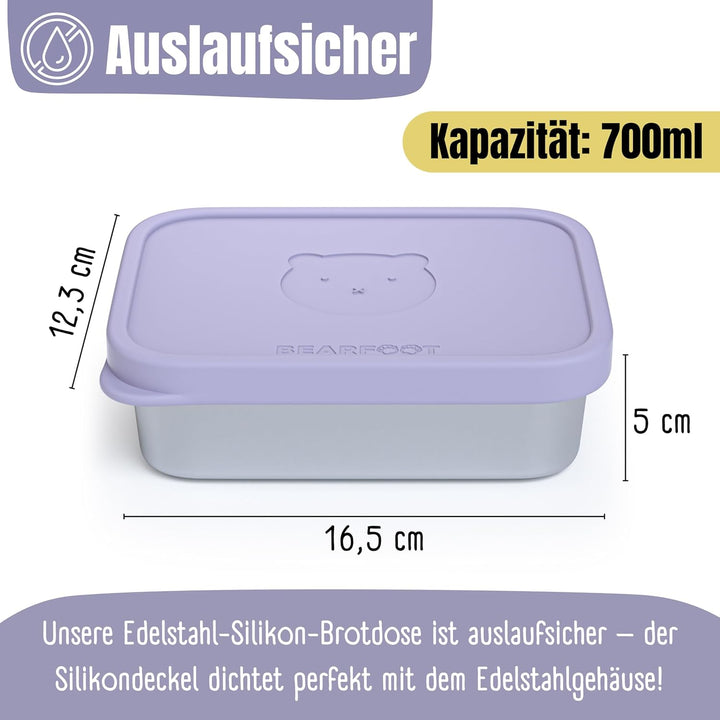BEARFOOT Edelstahl Brotdose Kinder mit Silikondeckel (Lila, 700 ml) | BPA-frei, auslaufsicher, Brotz