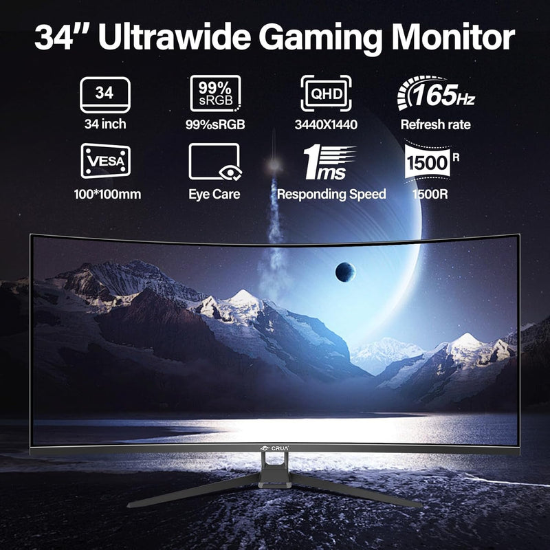 CRUA Gaming Monitor 34 Zoll (86cm Bildschirm) 3440X1440P WQHD 144Hz HDMI, 1ms (VRB), 2xHDMI 2.0, DP