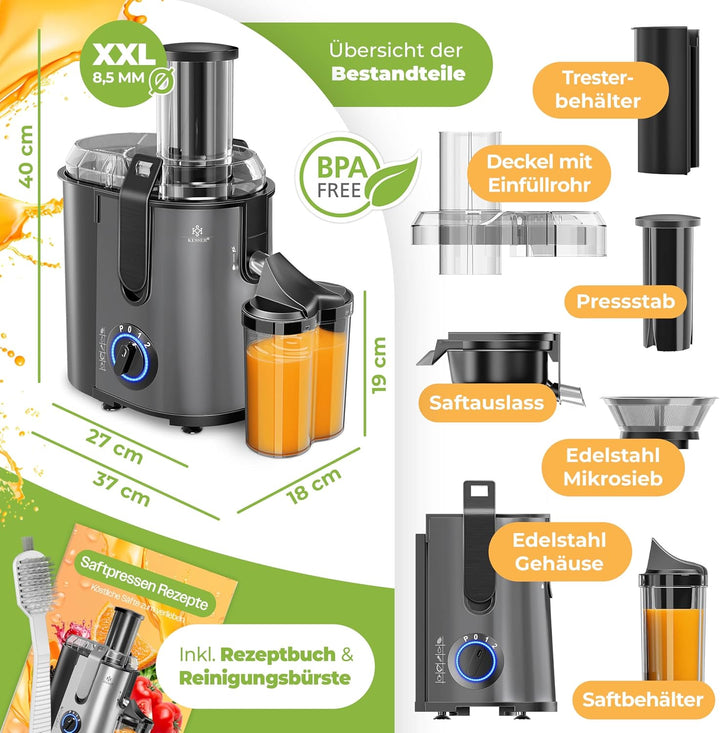 KESSER® Zentrifuge Entsafter für Obst | Gemüse aus Edelstahl 1100W, grosse Fütterungsröhre, 3 Stufen